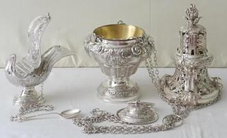 French Antique Baroque Solid Silver Thurible and Boat